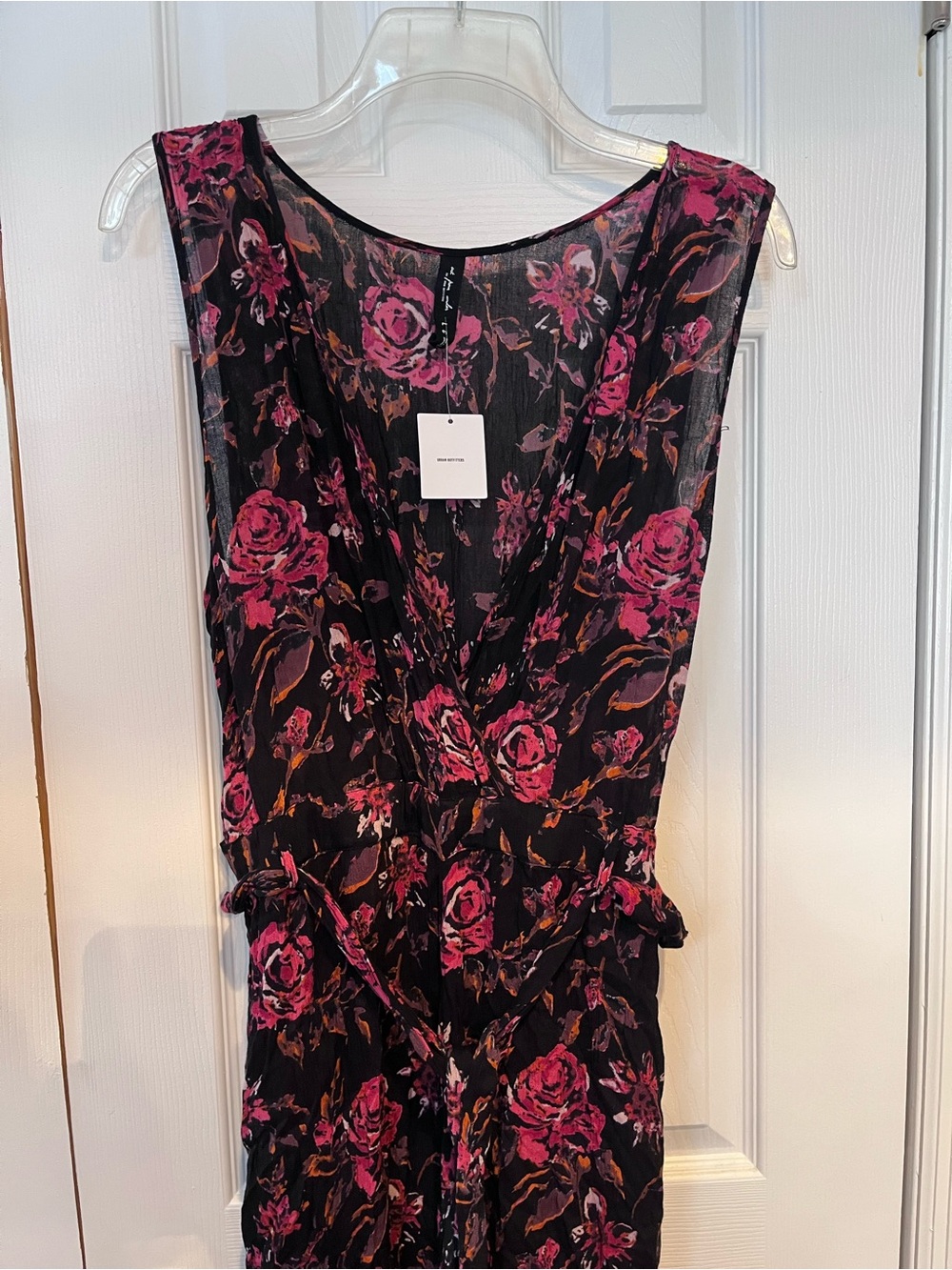Urban Outfitters Black Floral Surplice Jumpsuit with Pink Roses